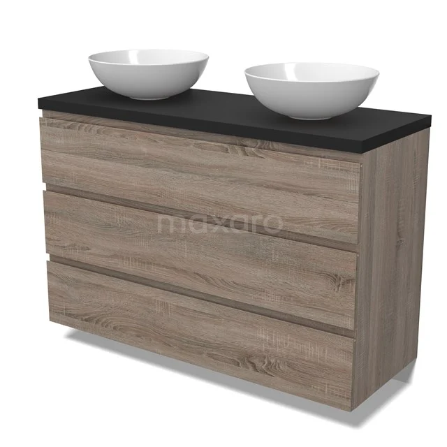 Modulo Plato Vanity units for countertop basin | 120 cm Oak Handle-less front Matte black worktop 3 drawers BMK19-01505