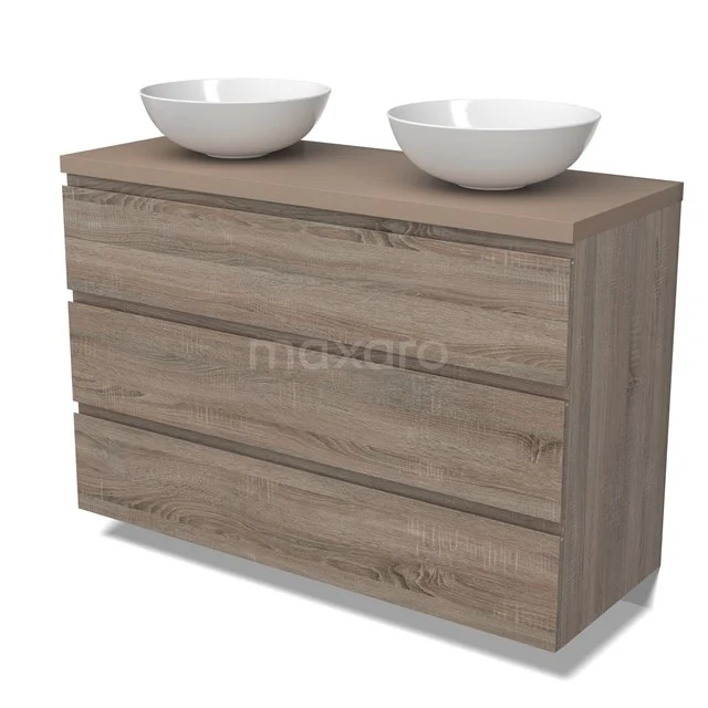 Modulo Plato Vanity units for countertop basin | 120 cm Oak Handle-less front Taupe worktop 3 drawers BMK19-01506