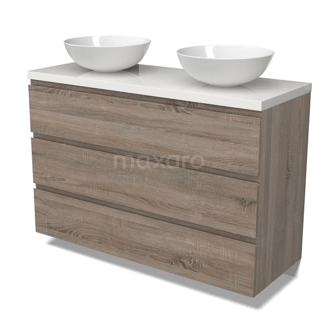 Modulo Plato Vanity units for countertop basin | 120 cm Oak Handle-less front High-gloss white worktop 3 drawers BMK19-01508