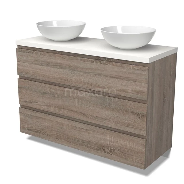 Modulo Plato Badmöbel mit Aufsatzwaschbecken | 120 cm Eiche Grifflos front Matt Weiß blatt 3 Schubladen BMK19-01509