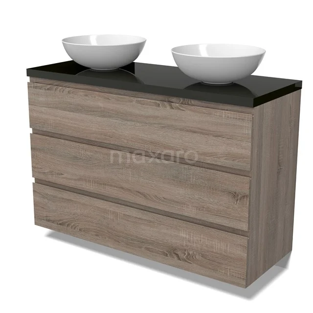 Modulo Plato Vanity units for countertop basin | 120 cm Oak Handle-less front High-gloss black worktop 3 drawers BMK19-01511