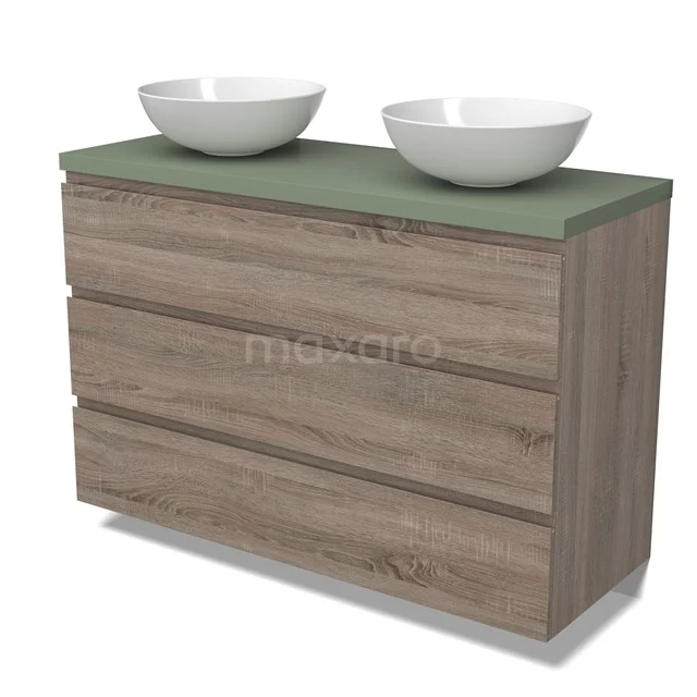 Modulo Plato Vanity units for countertop basin | 120 cm Oak Handle-less front Sage green worktop 3 drawers BMK19-01512