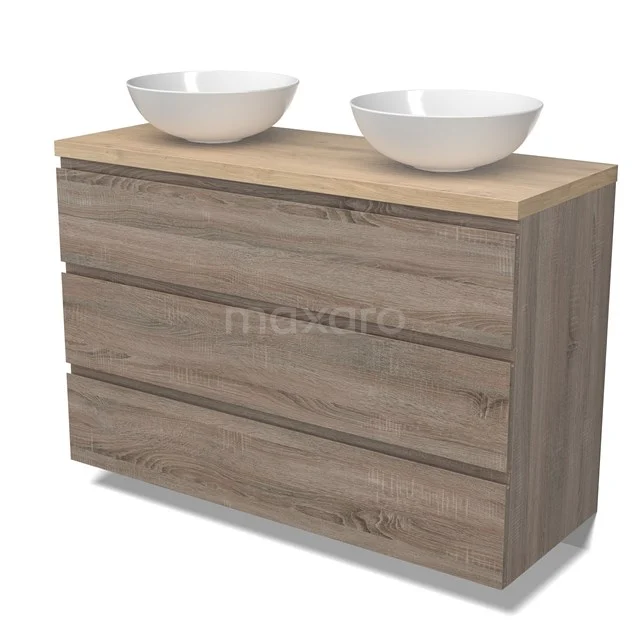 Modulo Plato Vanity units for countertop basin | 120 cm Oak Handle-less front Light brown oak worktop 3 drawers BMK19-01516