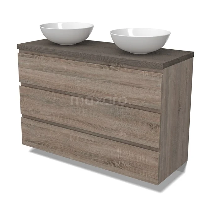 Modulo Plato Vanity units for countertop basin | 120 cm Oak Handle-less front Dark brown oak worktop 3 drawers BMK19-01518