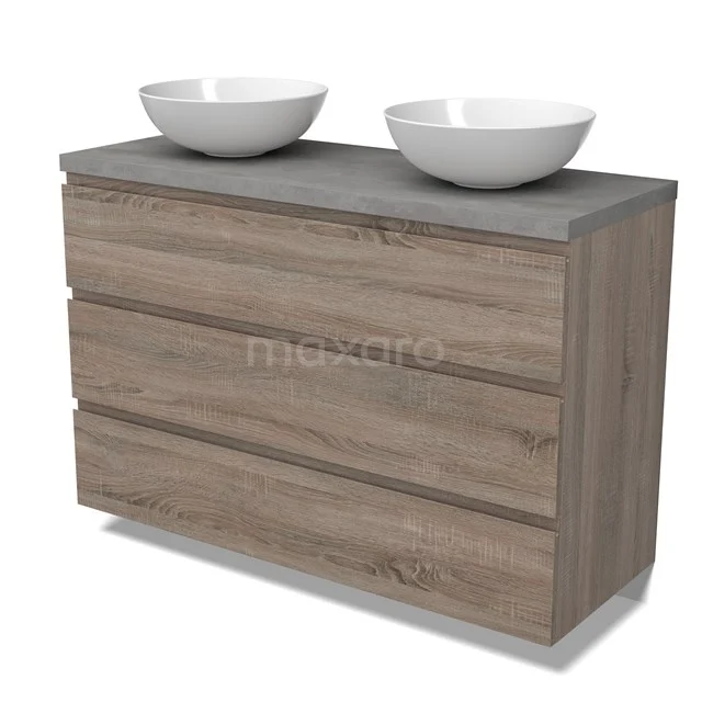 Modulo Plato Vanity units for countertop basin | 120 cm Oak Handle-less front Light grey concrete worktop 3 drawers BMK19-01520