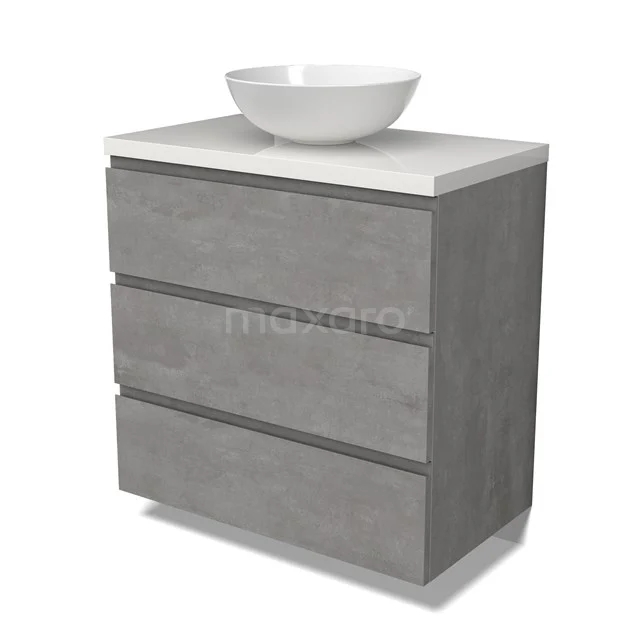 Modulo Plato Vanity units for countertop basin | 80 cm Light grey concrete Handle-less front High-gloss white worktop 3 drawers BMK19-01525