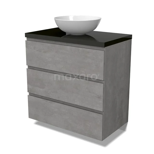 Modulo Plato Vanity units for countertop basin | 80 cm Light grey concrete Handle-less front High-gloss black worktop 3 drawers BMK19-01528
