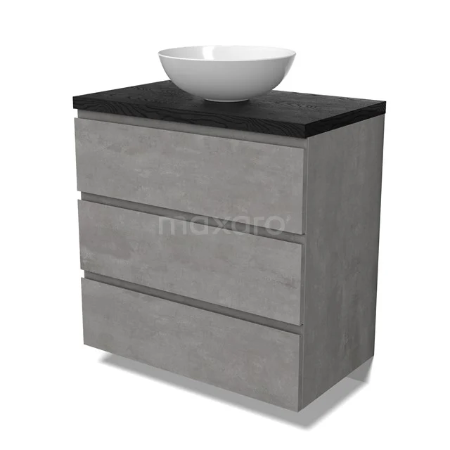 Modulo Plato Badmöbel mit Aufsatzwaschbecken | 80 cm Hellgrauer Beton Grifflos front Schwarze Eiche blatt 3 Schubladen BMK19-01530 Modulo Plato Badmöbel mit Aufsatzwaschbecken | 80 cm Hellgrauer Beton Grifflos front Schwarze Eiche blatt 3 Schubladen BMK19-01530