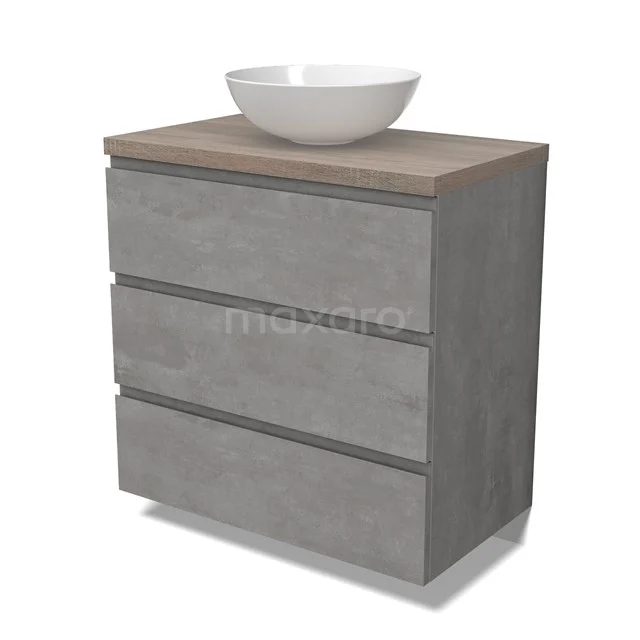 Modulo Plato Badmöbel mit Aufsatzwaschbecken | 80 cm Hellgrauer Beton Grifflos front Eiche blatt 3 Schubladen BMK19-01531