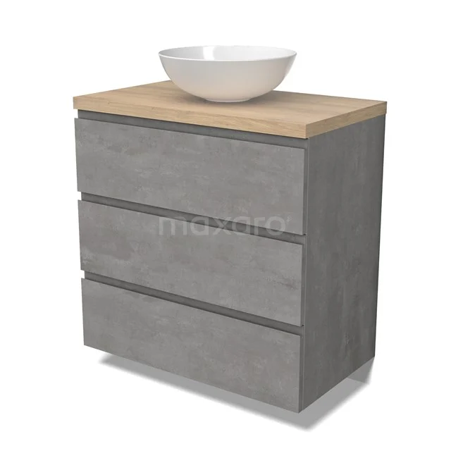 Modulo Plato Badmöbel mit Aufsatzwaschbecken | 80 cm Hellgrauer Beton Grifflos front Hellbraune Eiche blatt 3 Schubladen BMK19-01533