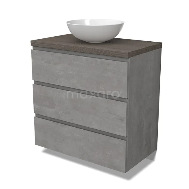 Modulo Plato Vanity units for countertop basin | 80 cm Light grey concrete Handle-less front Dark brown oak worktop 3 drawers BMK19-01535
