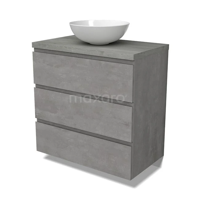 Modulo Plato Vanity units for countertop basin | 80 cm Light grey concrete Handle-less front Grey oak worktop 3 drawers BMK19-01536