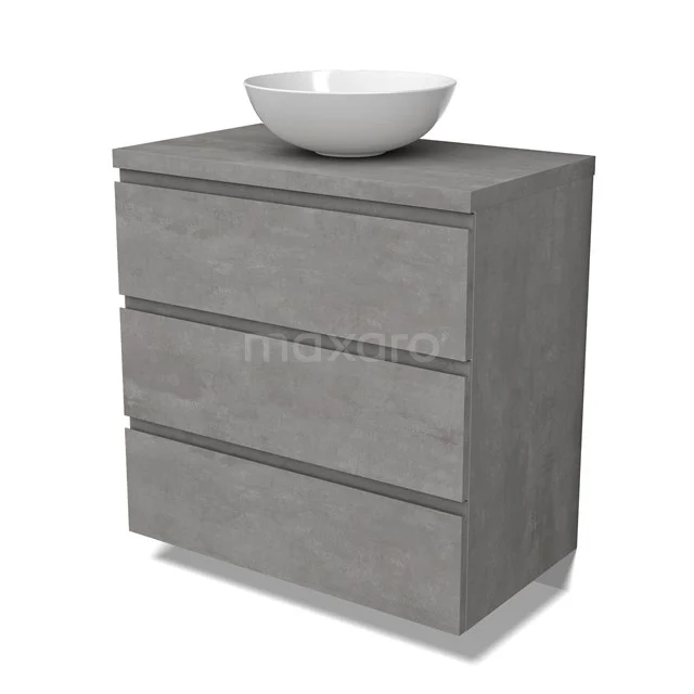 Modulo Plato Badmöbel mit Aufsatzwaschbecken | 80 cm Hellgrauer Beton Grifflos front Hellgrauer Beton blatt 3 Schubladen BMK19-01537