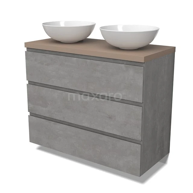 Modulo Plato Badmöbel mit Aufsatzwaschbecken | 100 cm Hellgrauer Beton Grifflos front Taupe blatt 3 Schubladen BMK19-01540