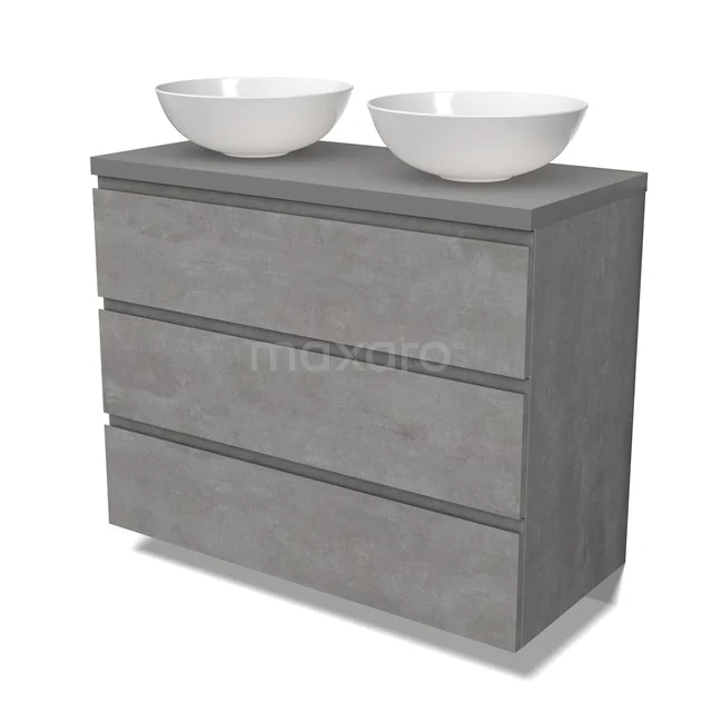 Modulo Plato Vanity units for countertop basin | 100 cm Light grey concrete Handle-less front Mid grey worktop 3 drawers BMK19-01541