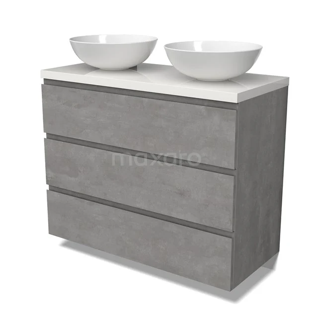 Modulo Plato Vanity units for countertop basin | 100 cm Light grey concrete Handle-less front High-gloss white worktop 3 drawers BMK19-01542
