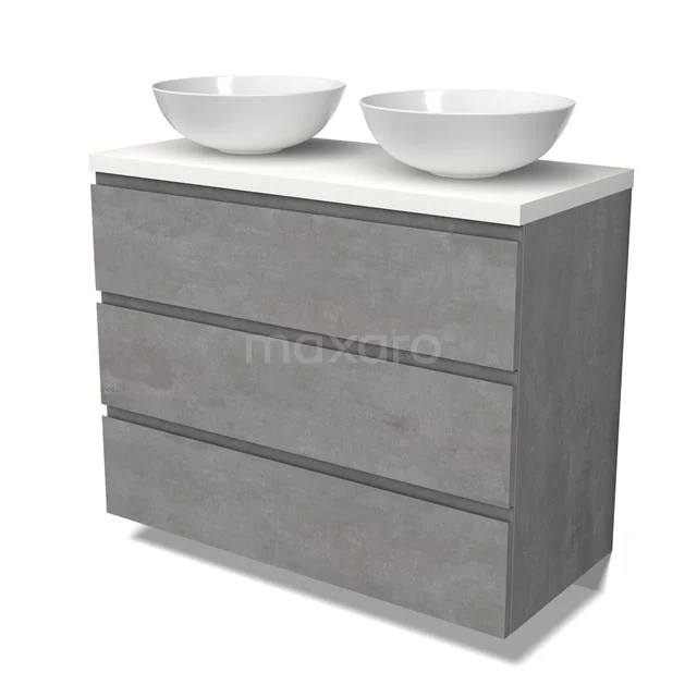 Modulo Plato Vanity units for countertop basin | 100 cm Light grey concrete Handle-less front Matte white worktop 3 drawers BMK19-01543