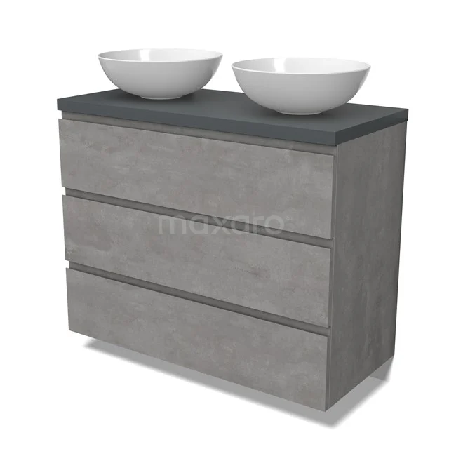 Modulo Plato Vanity units for countertop basin | 100 cm Light grey concrete Handle-less front Dark grey worktop 3 drawers BMK19-01544