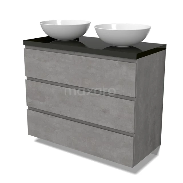 Modulo Plato Vanity units for countertop basin | 100 cm Light grey concrete Handle-less front High-gloss black worktop 3 drawers BMK19-01545