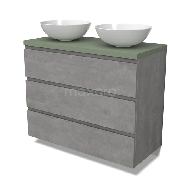 Modulo Plato Vanity units for countertop basin | 100 cm Light grey concrete Handle-less front Sage green worktop 3 drawers BMK19-01546