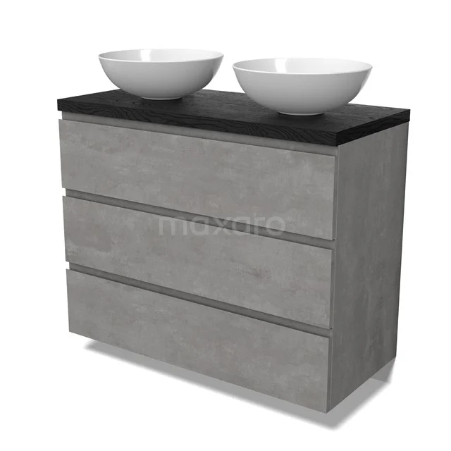 Modulo Plato Badmöbel mit Aufsatzwaschbecken | 100 cm Hellgrauer Beton Grifflos front Schwarze Eiche blatt 3 Schubladen BMK19-01547