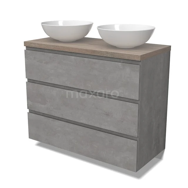 Modulo Plato Badmöbel mit Aufsatzwaschbecken | 100 cm Hellgrauer Beton Grifflos front Eiche blatt 3 Schubladen BMK19-01548