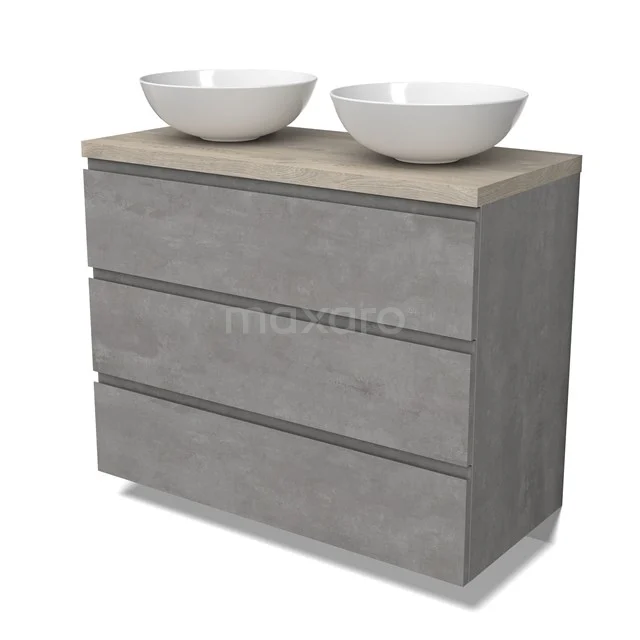 Modulo Plato Badmöbel mit Aufsatzwaschbecken | 100 cm Hellgrauer Beton Grifflos front Hellgraue Eiche blatt 3 Schubladen BMK19-01549