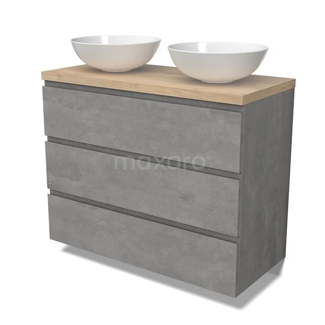 Modulo Plato Vanity units for countertop basin | 100 cm Light grey concrete Handle-less front Light brown oak worktop 3 drawers BMK19-01550