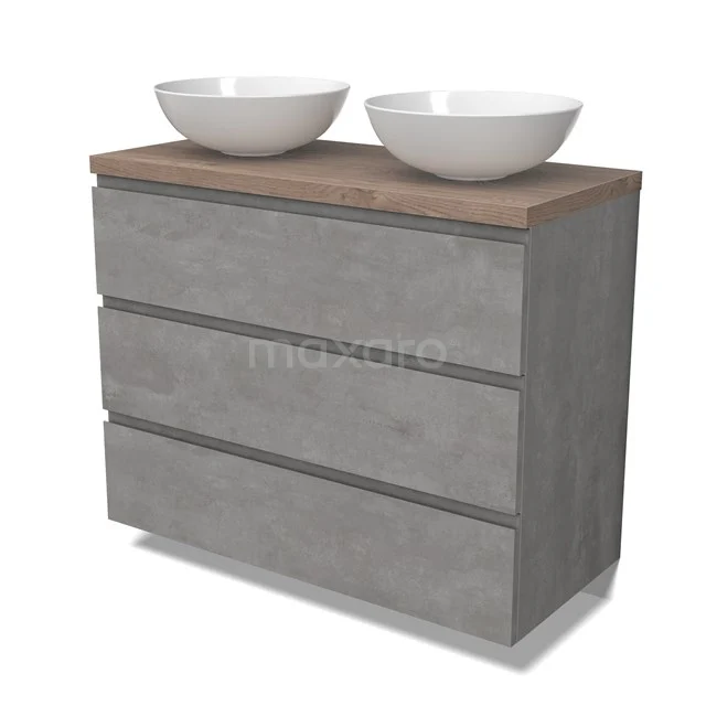 Modulo Plato Vanity units for countertop basin | 100 cm Light grey concrete Handle-less front Mid brown oak worktop 3 drawers BMK19-01551