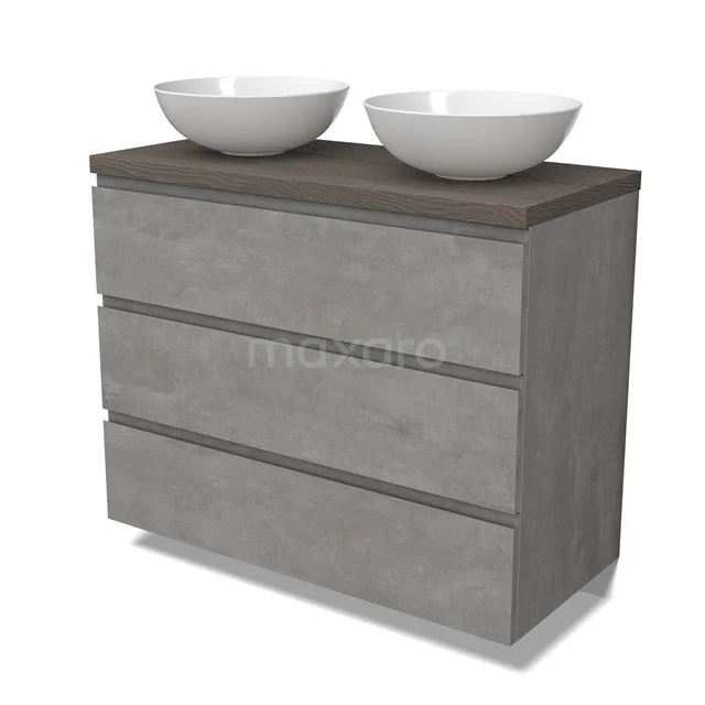 Modulo Plato Vanity units for countertop basin | 100 cm Light grey concrete Handle-less front Dark brown oak worktop 3 drawers BMK19-01552