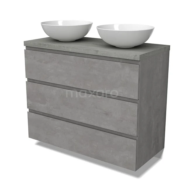 Modulo Plato Vanity units for countertop basin | 100 cm Light grey concrete Handle-less front Grey oak worktop 3 drawers BMK19-01553