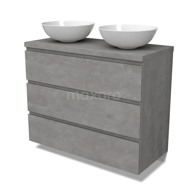 Modulo Plato Vanity units for countertop basin | 100 cm Light grey concrete Handle-less front Light grey concrete worktop 3 drawers BMK19-01554