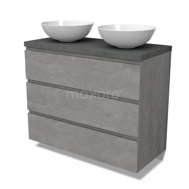 Modulo Plato Vanity units for countertop basin | 100 cm Light grey concrete Handle-less front Dark grey concrete worktop 3 drawers BMK19-01555