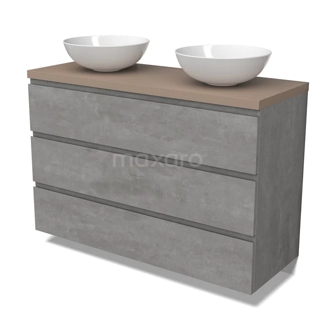 Modulo Plato Vanity units for countertop basin | 120 cm Light grey concrete Handle-less front Taupe worktop 3 drawers BMK19-01557