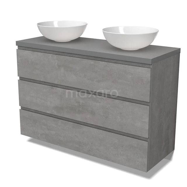 Modulo Plato Vanity units for countertop basin | 120 cm Light grey concrete Handle-less front Mid grey worktop 3 drawers BMK19-01558