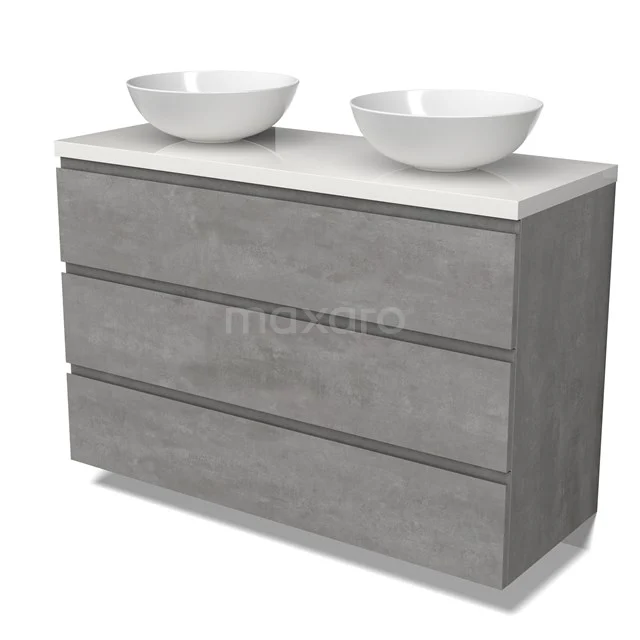 Modulo Plato Vanity units for countertop basin | 120 cm Light grey concrete Handle-less front High-gloss white worktop 3 drawers BMK19-01559