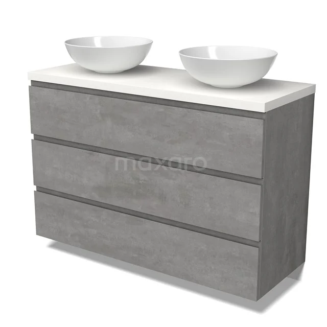 Modulo Plato Badmöbel mit Aufsatzwaschbecken | 120 cm Hellgrauer Beton Grifflos front Matt Weiß blatt 3 Schubladen BMK19-01560