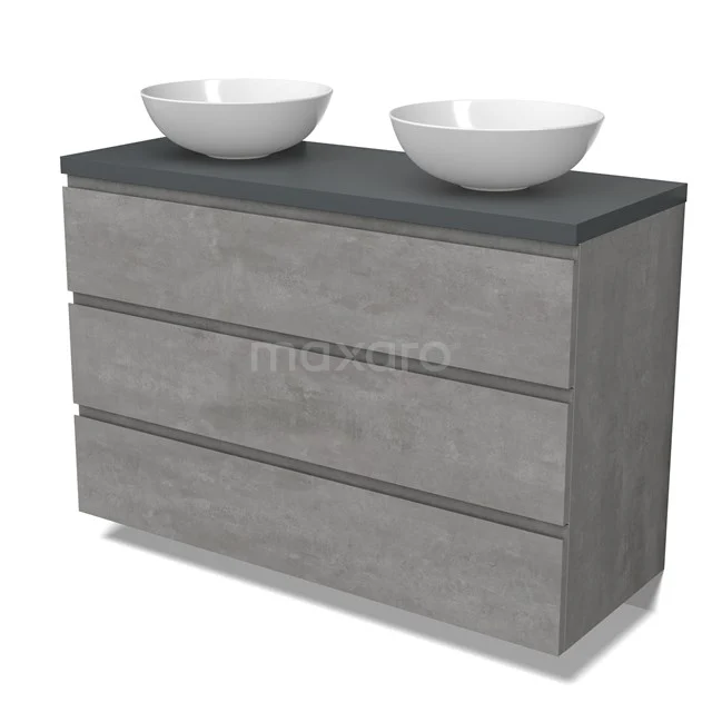 Modulo Plato Vanity units for countertop basin | 120 cm Light grey concrete Handle-less front Dark grey worktop 3 drawers BMK19-01561