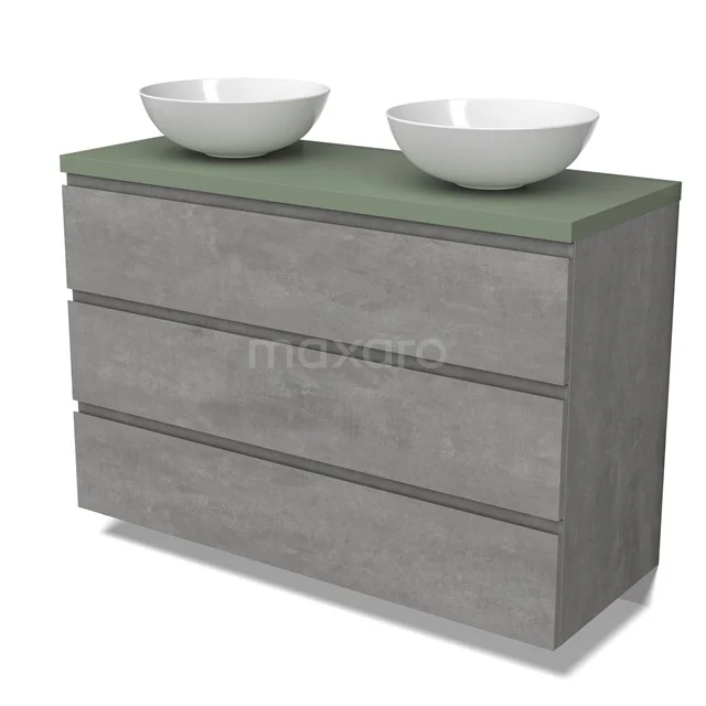 Modulo Plato Vanity units for countertop basin | 120 cm Light grey concrete Handle-less front Sage green worktop 3 drawers BMK19-01563