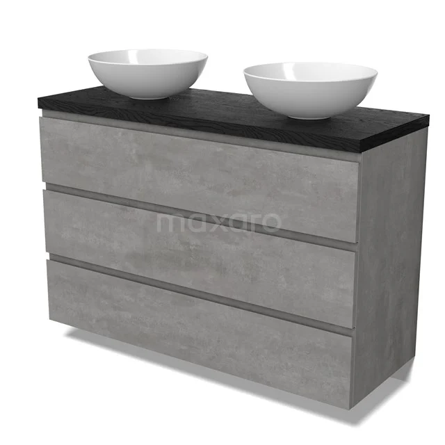 Modulo Plato Vanity units for countertop basin | 120 cm Light grey concrete Handle-less front Black oak worktop 3 drawers BMK19-01564