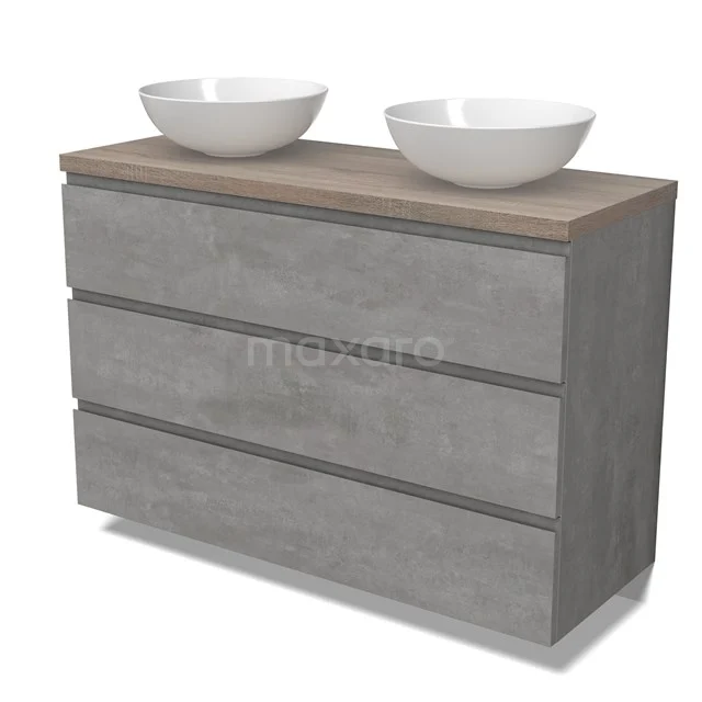 Modulo Plato Badmöbel mit Aufsatzwaschbecken | 120 cm Hellgrauer Beton Grifflos front Eiche blatt 3 Schubladen BMK19-01565