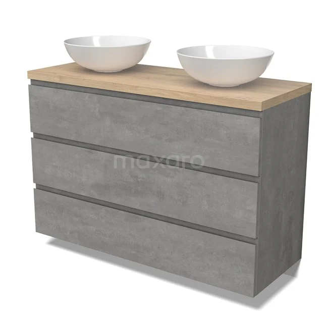 Modulo Plato Vanity units for countertop basin | 120 cm Light grey concrete Handle-less front Light brown oak worktop 3 drawers BMK19-01567