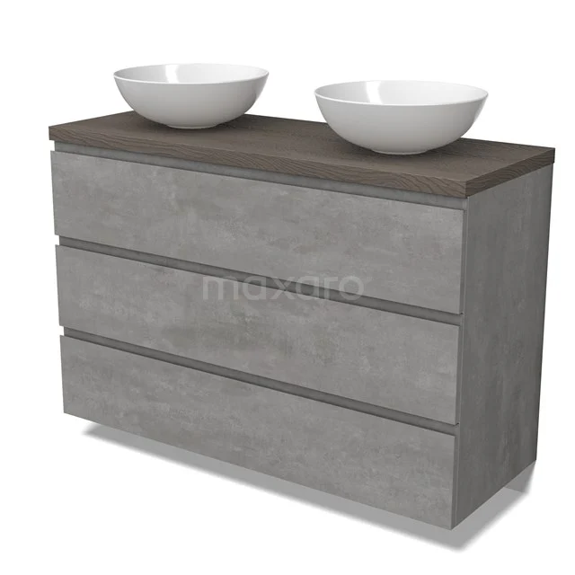 Modulo Plato Vanity units for countertop basin | 120 cm Light grey concrete Handle-less front Dark brown oak worktop 3 drawers BMK19-01569