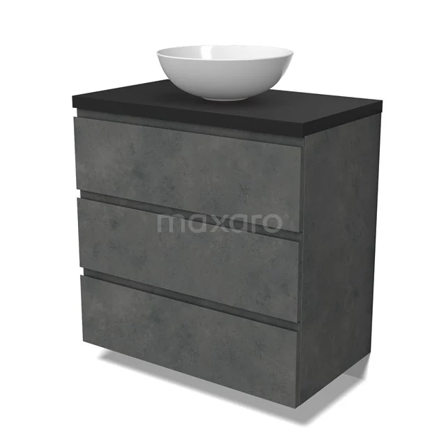 Modulo Plato Badmöbel mit Aufsatzwaschbecken | 80 cm Dunkelgrauer Beton Grifflos front Matt Schwarz blatt 3 Schubladen BMK19-01573