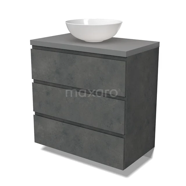 Modulo Plato Badmöbel mit Aufsatzwaschbecken | 80 cm Dunkelgrauer Beton Grifflos front Mittelgrau blatt 3 Schubladen BMK19-01575