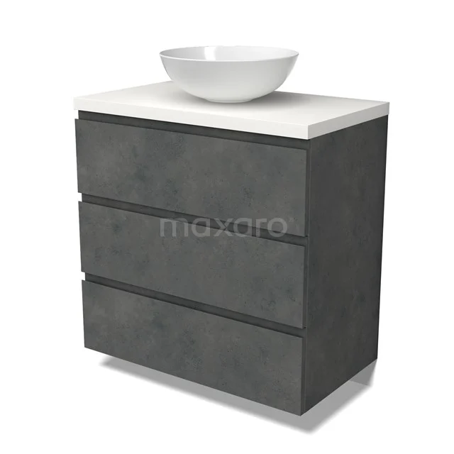 Modulo Plato Vanity units for countertop basin | 80 cm Dark grey concrete Handle-less front Matte white worktop 3 drawers BMK19-01577