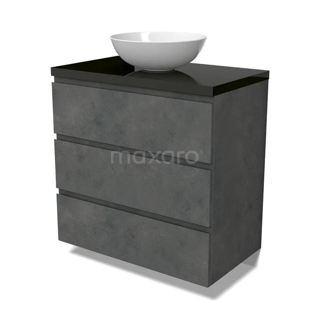 Modulo Plato Badmöbel mit Aufsatzwaschbecken | 80 cm Dunkelgrauer Beton Grifflos front Hochglanz Schwarz blatt 3 Schubladen BMK19-01579