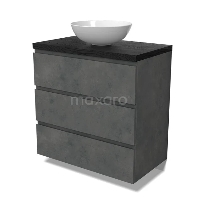 Modulo Plato Badmöbel mit Aufsatzwaschbecken | 80 cm Dunkelgrauer Beton Grifflos front Schwarze Eiche blatt 3 Schubladen BMK19-01581