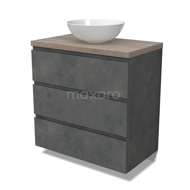 Modulo Plato Vanity units for countertop basin | 80 cm Dark grey concrete Handle-less front Oak worktop 3 drawers BMK19-01582