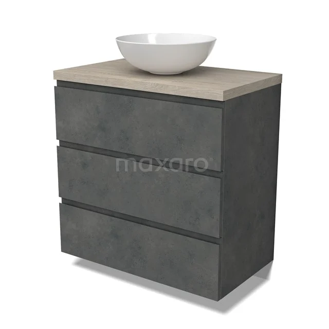 Modulo Plato Badmöbel mit Aufsatzwaschbecken | 80 cm Dunkelgrauer Beton Grifflos front Hellgraue Eiche blatt 3 Schubladen BMK19-01583
